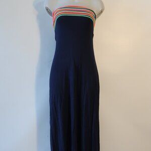 NWT Womens Meet Me In Miami Navy Blue, Multi Embroidered Maxi Strapless Dress S